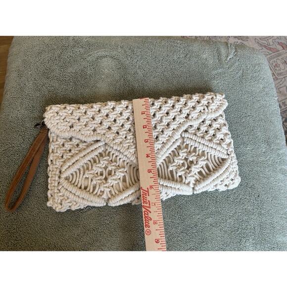 Macrame Lined Hand Bag Cream Clutch Purse Leather Strap Made In India Preloved - Picture 10 of 10